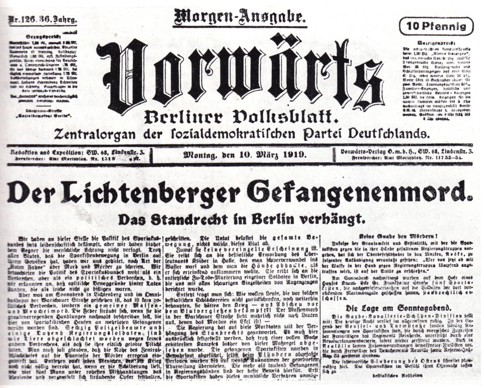 Falschmeldung in SPD-Zeitung: März 1919